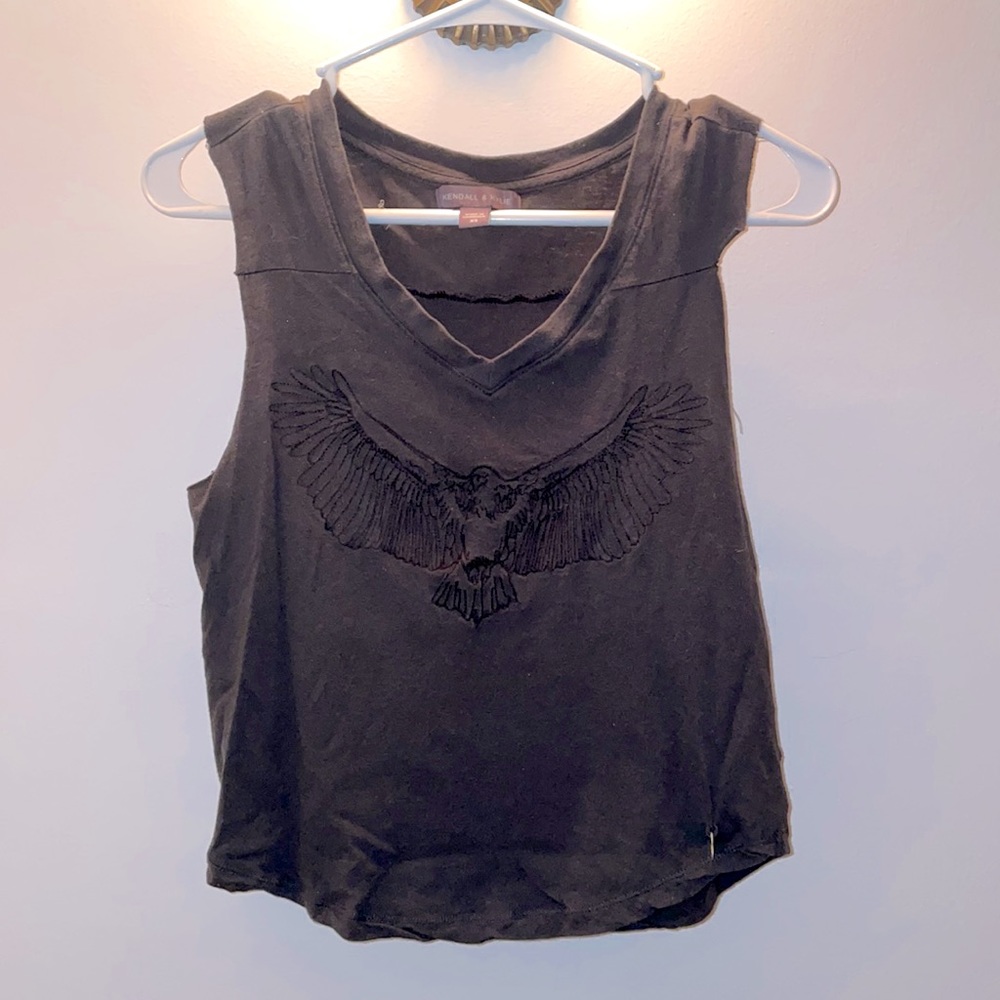 Kendall & Kylie Gray V-neck Muscle Tank with Embroidered Eagle XS